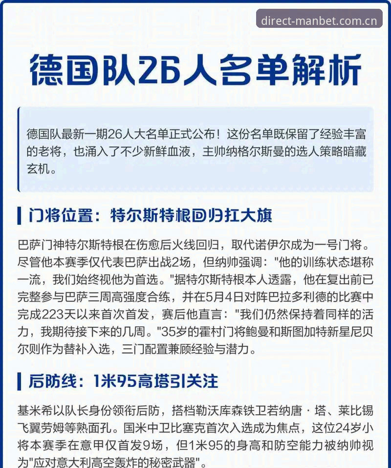 manbet万博安卓版安卓版 德国队26人名单的3大看点:诺伊尔回归创纪录,18岁小将入围成惊喜